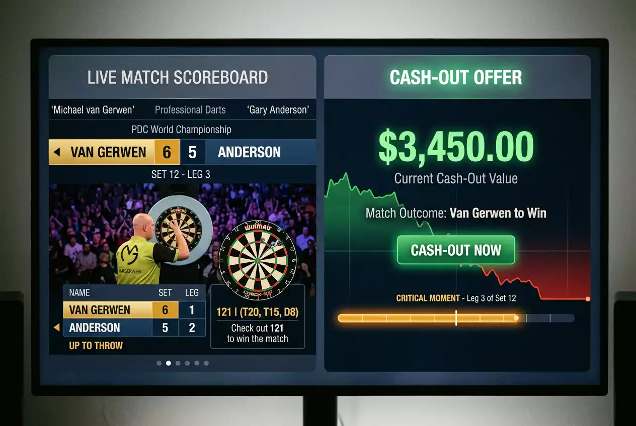 Darts Cash-Out optimaler Zeitpunkt: Spielstand vor kritischem Leg mit Cash-Out-Option und aktueller Quote