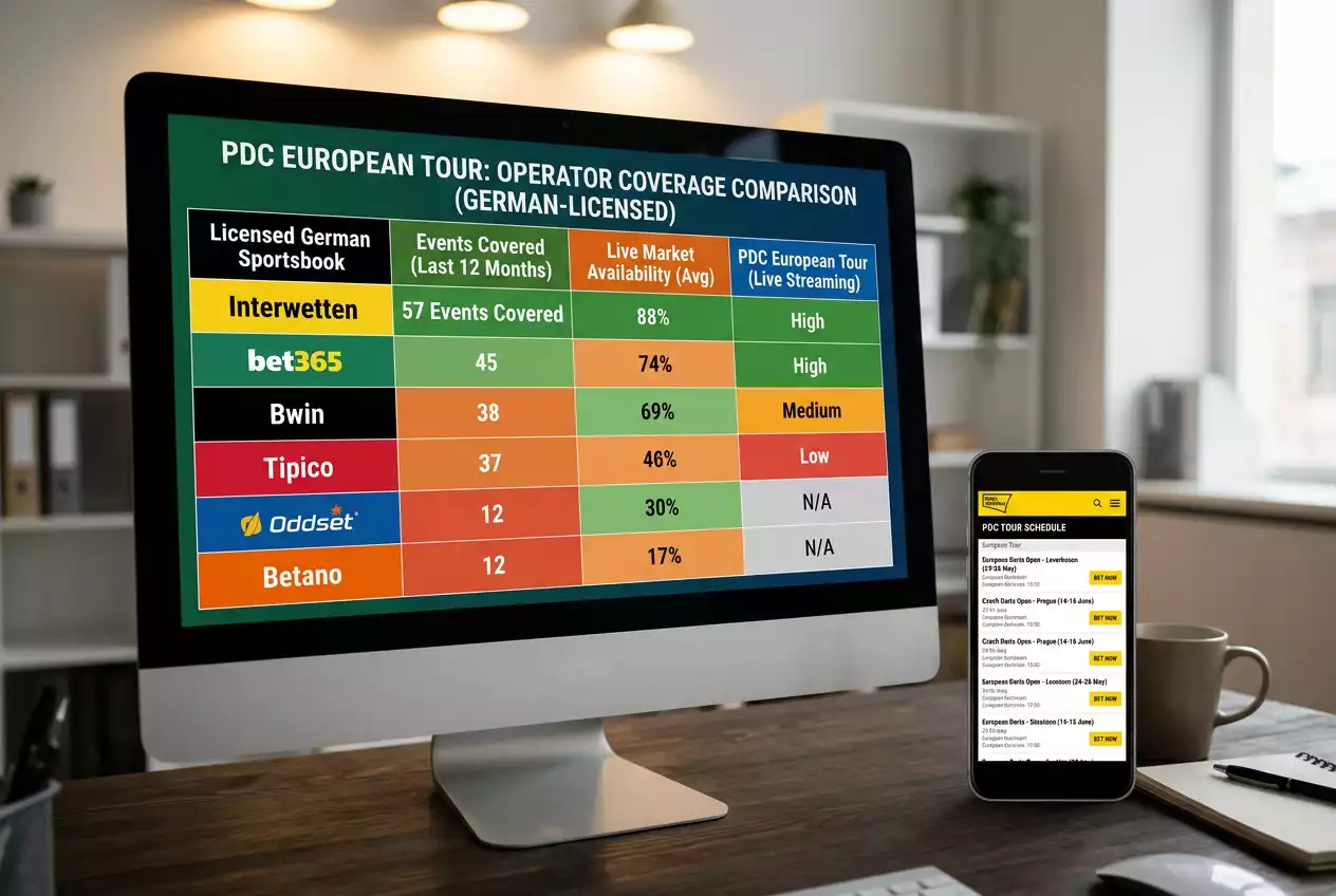 Anbietervergleich für Darts European Tour Wetten: Turnierabdeckung und Live-Markttiefe bei PDC-Events