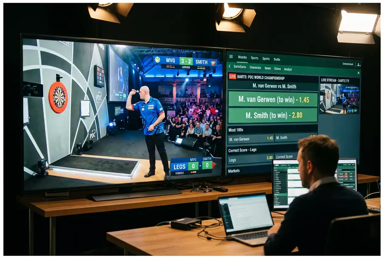 PDC Darts WM Live-Übertragung auf Wettplattform mit Spielstand und gleichzeitig geöffneten Live-Märkten