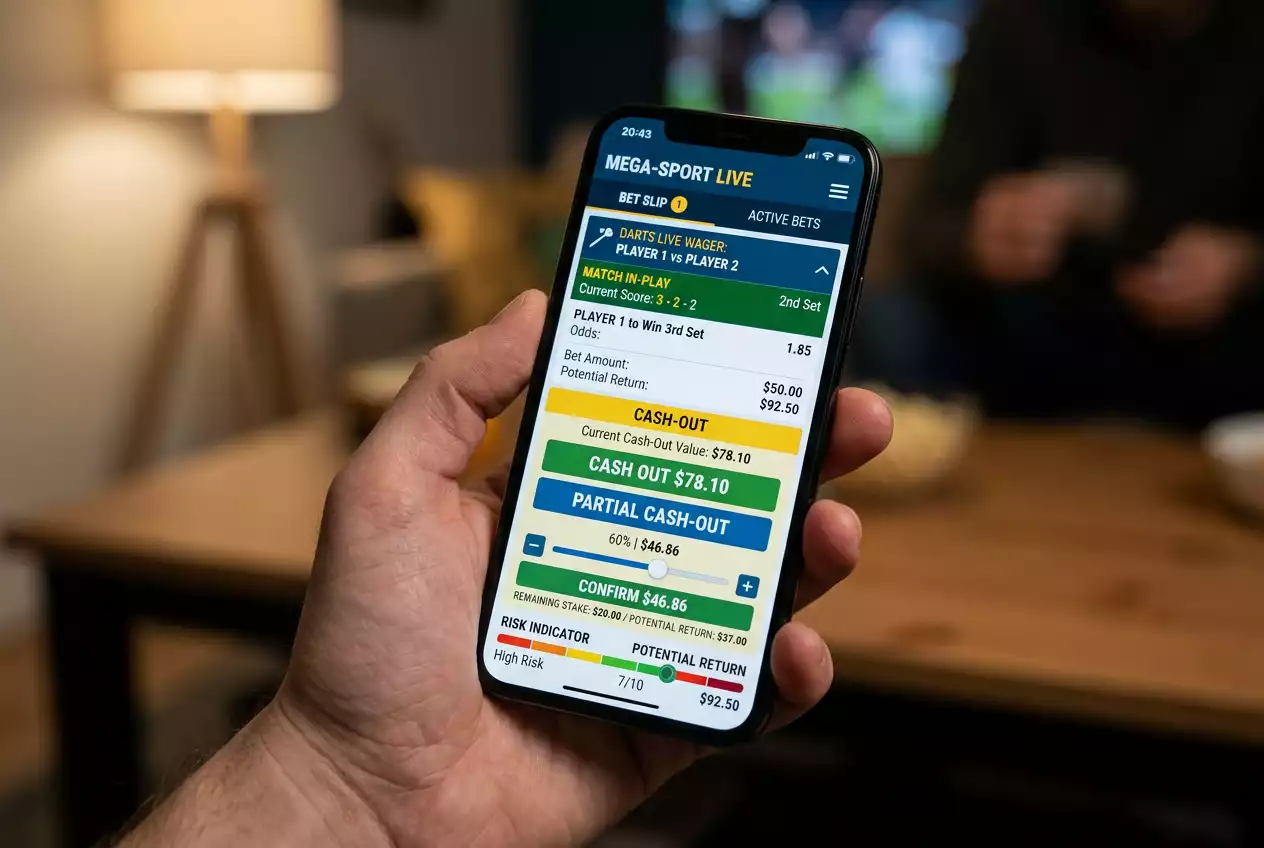 Cash-Out-Funktion bei Darts Live Wetten auf einem mobilen Wettschein mit Teil-Cash-Out und Risikoanzeige