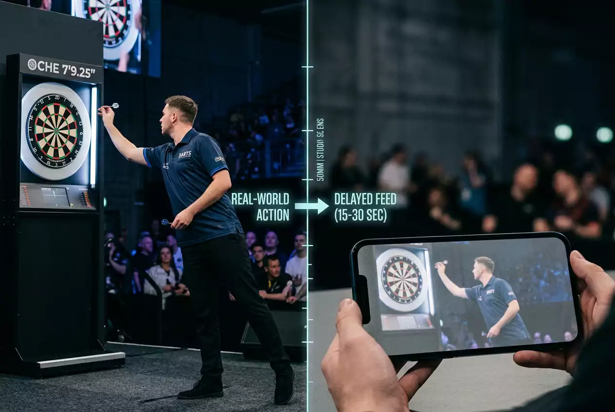 Darts Stream-Delay Risiko beim Live-Wetten: Schematische Darstellung der Zeitverzögerung zwischen Spielgeschehen und Bildschirm