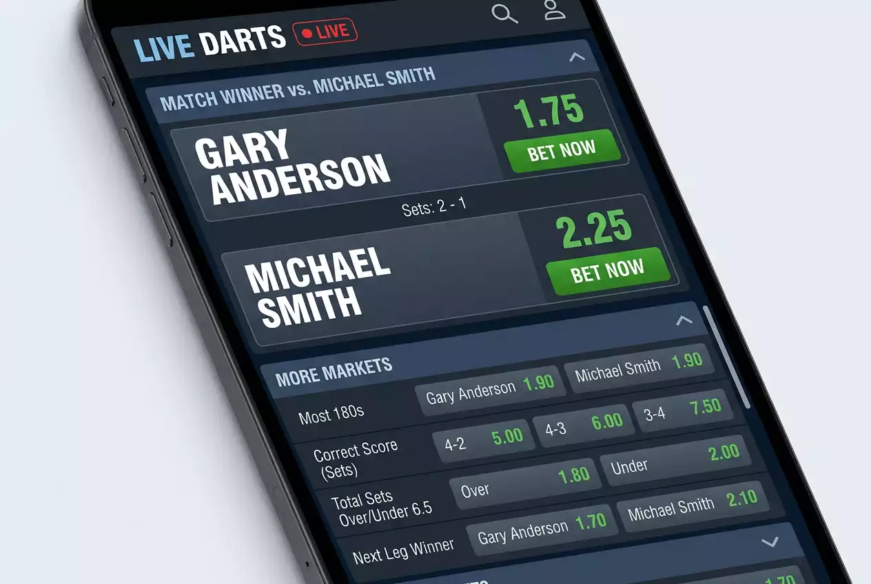 Darts Siegwette Quoten auf einer Wettplattform mit zwei Spielernamen und Dezimalquoten