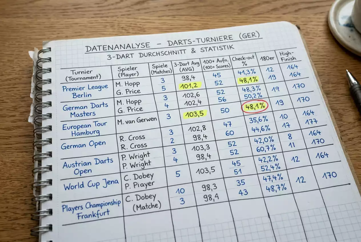 Martin Schindler Darts-Statistiken mit 3-Dart-Average, Checkout-Quote und 180er-Frequenz im PDC-Vergleich